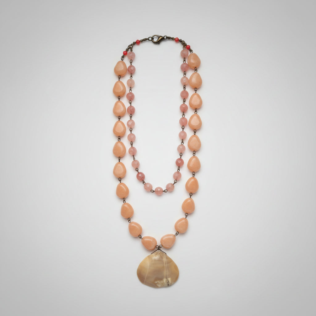 Necklace - Vintage - David Aubrey - Double Strand - Peach Moonstone & Natural Agate