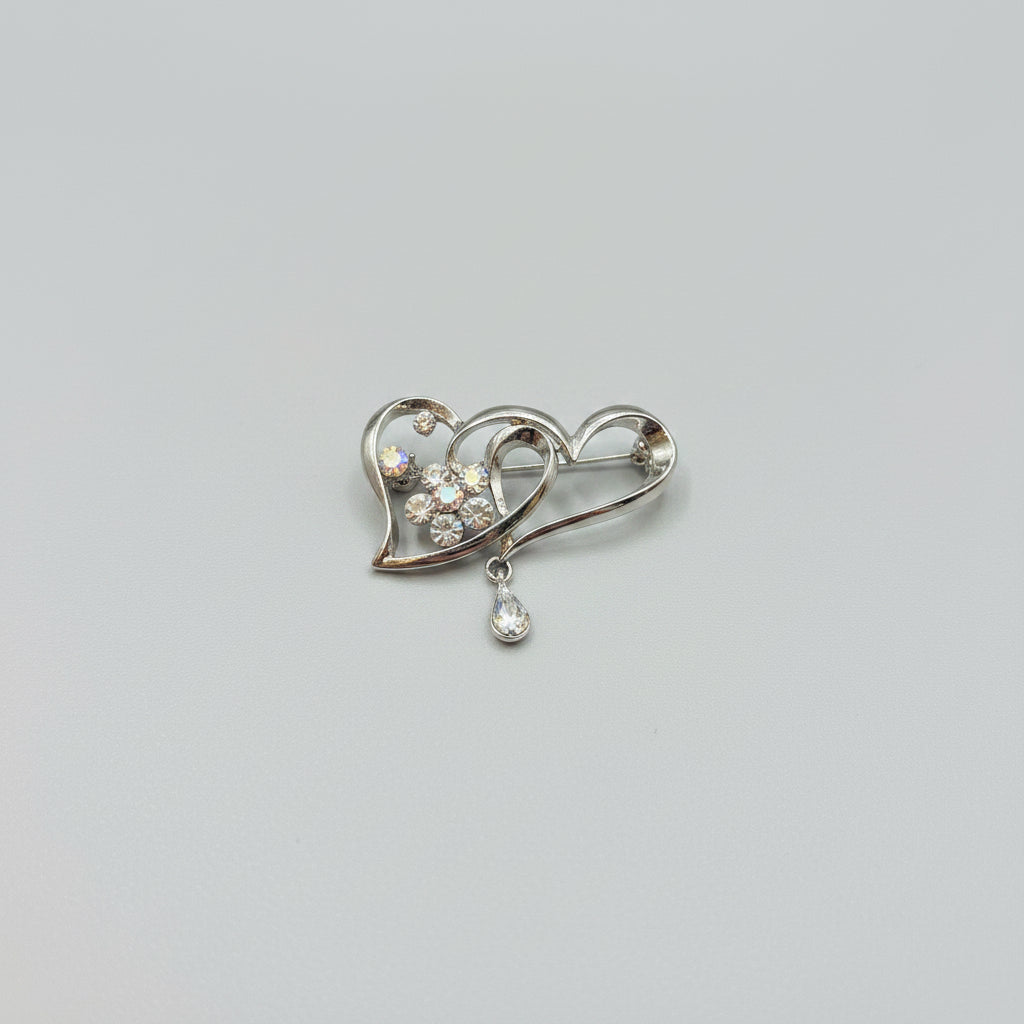 Brooch - Elegant Silver Tone Double Twisted Heart with Sparkling Rhinestones & Teardrop