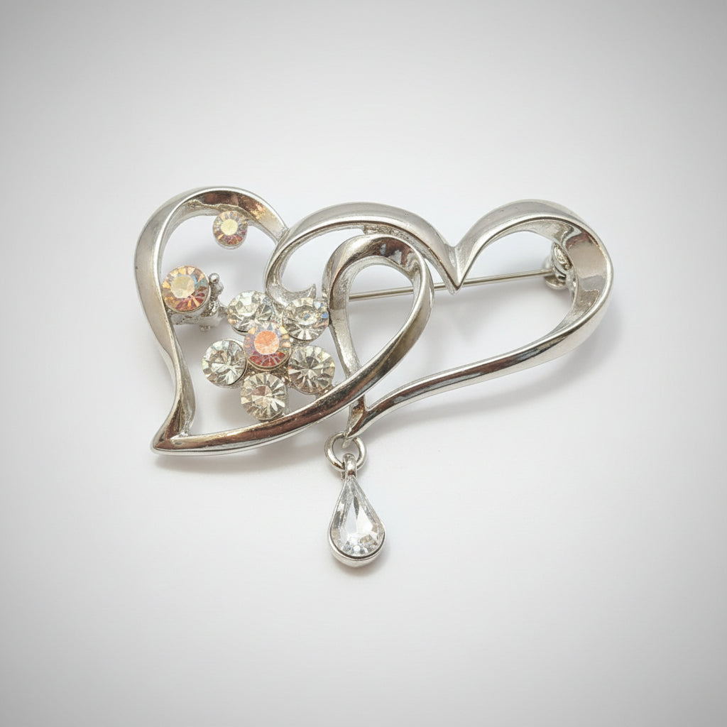 Brooch - Elegant Silver Tone Double Twisted Heart with Sparkling Rhinestones & Teardrop