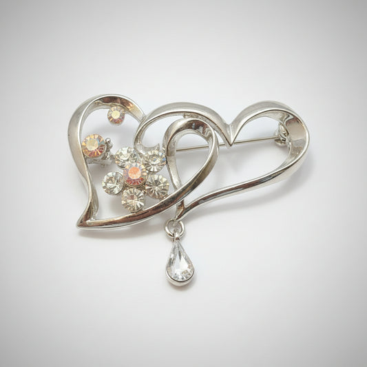 Brooch - Elegant Silver Tone Double Twisted Heart with Sparkling Rhinestones & Teardrop