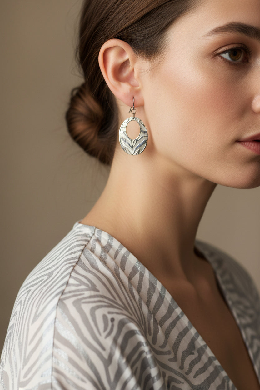 Earrings - White with Silver Tone Cutout Animal Print Oval - Dangle