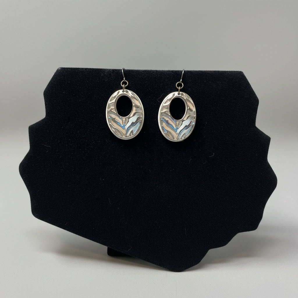 Earrings - White with Silver Tone Cutout Animal Print Oval - Dangle