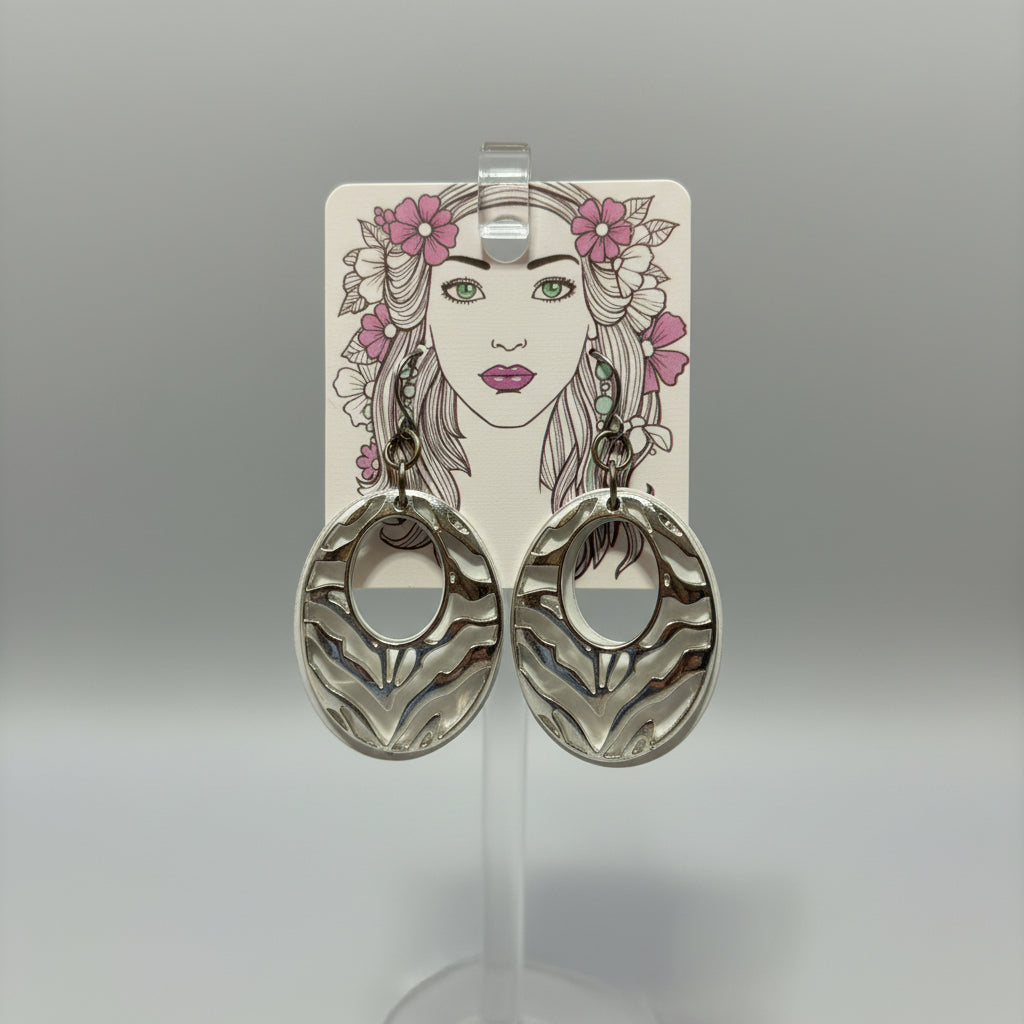 Earrings - White with Silver Tone Cutout Animal Print Oval - Dangle