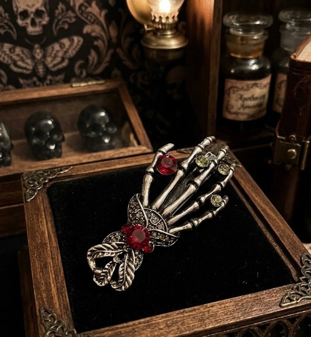 Jeweled Skeleton Hand Brooch