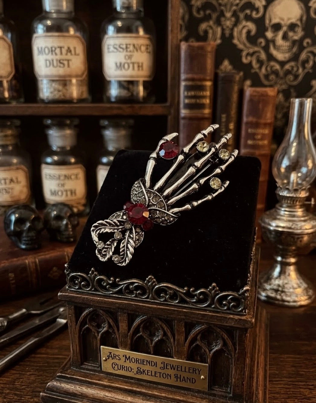 Jeweled Skeleton Hand Brooch