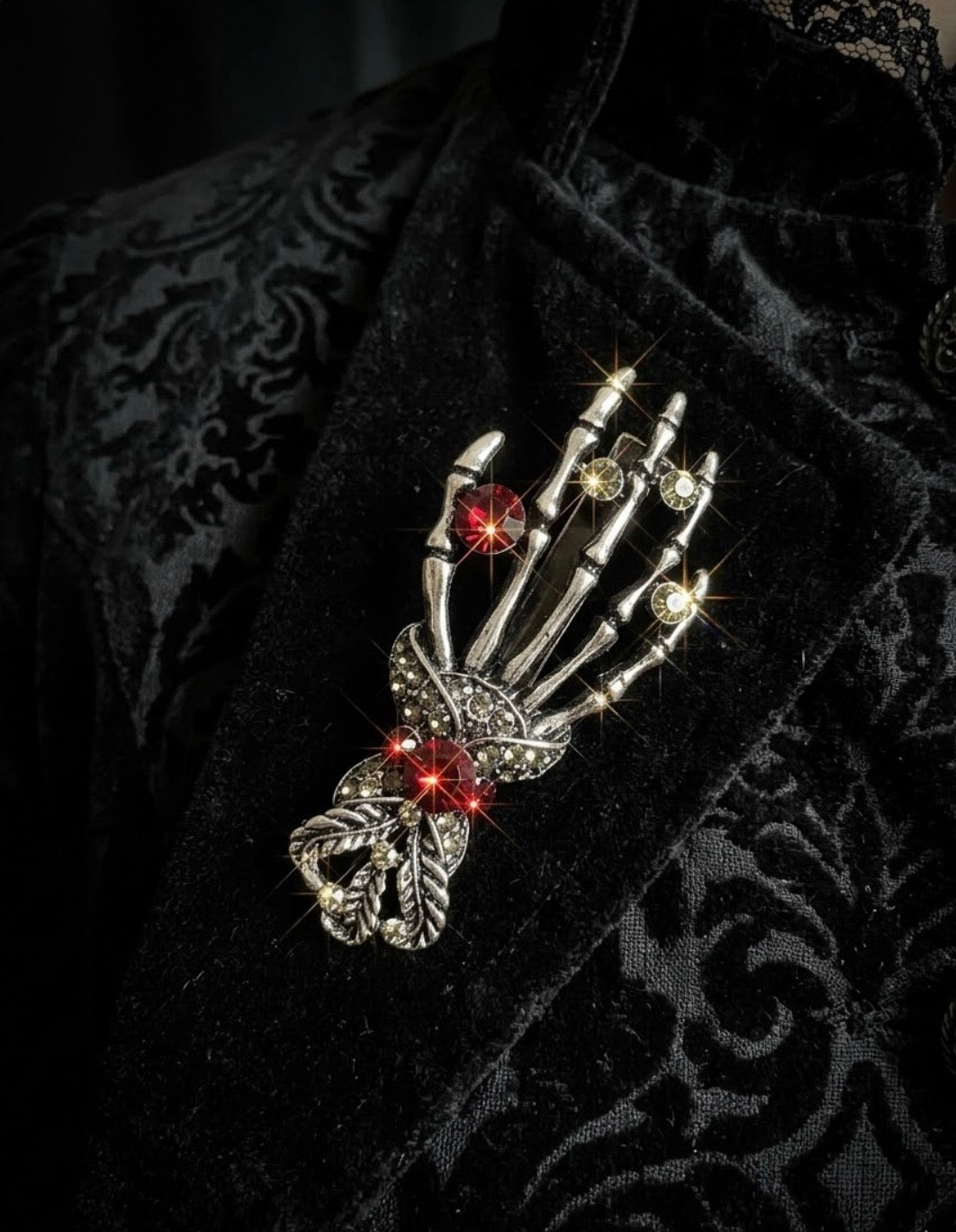 Jeweled Skeleton Hand Brooch