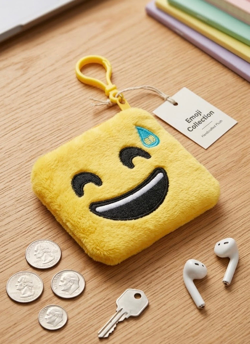 Coin Purse - Plush Emoji with Grinning Face & Sweat Drop