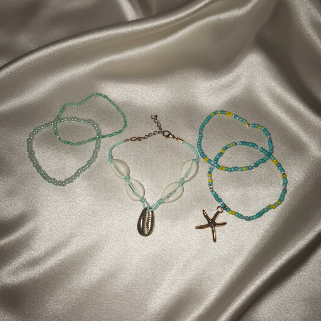 Bracelet - Light Green, Vibrant Blue, Yellow Seeded Beads - with Cowrie & Starfish Charms