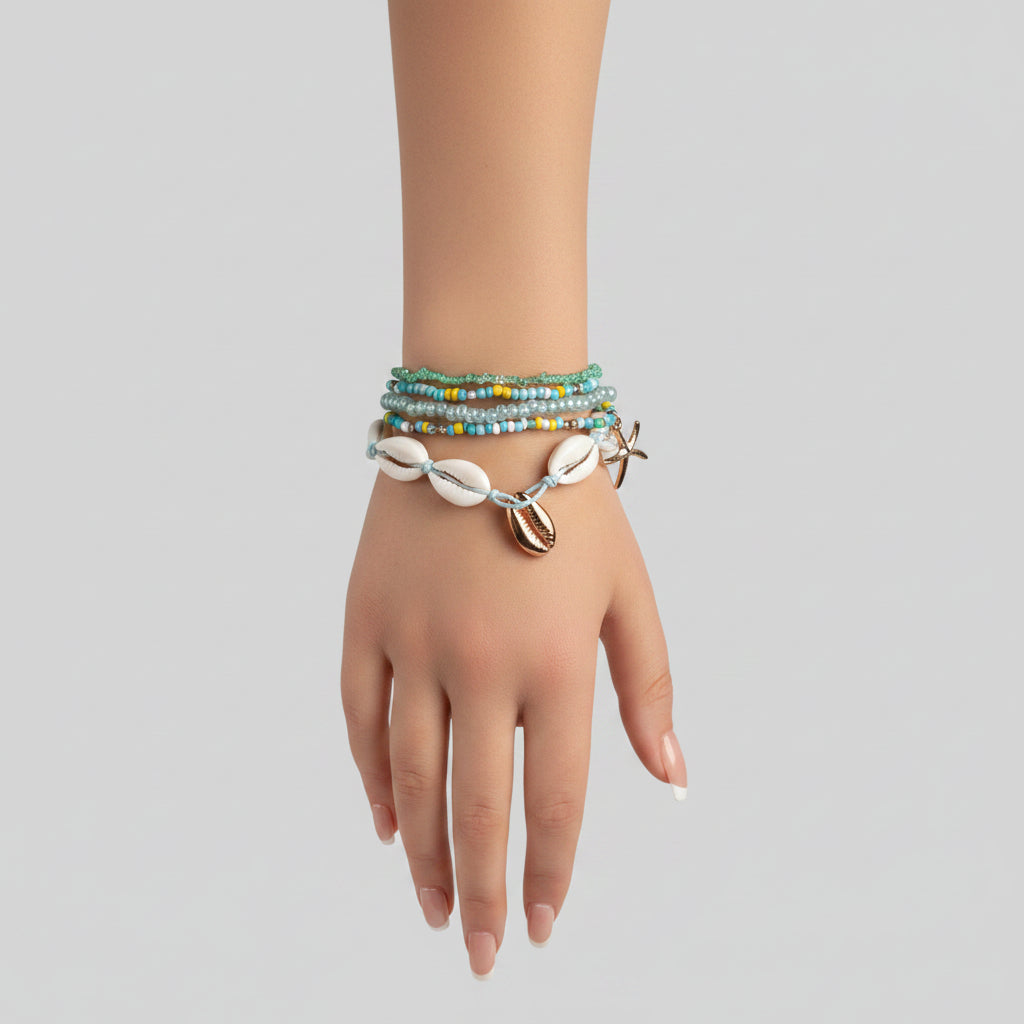 Bracelet - Light Green, Vibrant Blue, Yellow Seeded Beads - with Cowrie & Starfish Charms