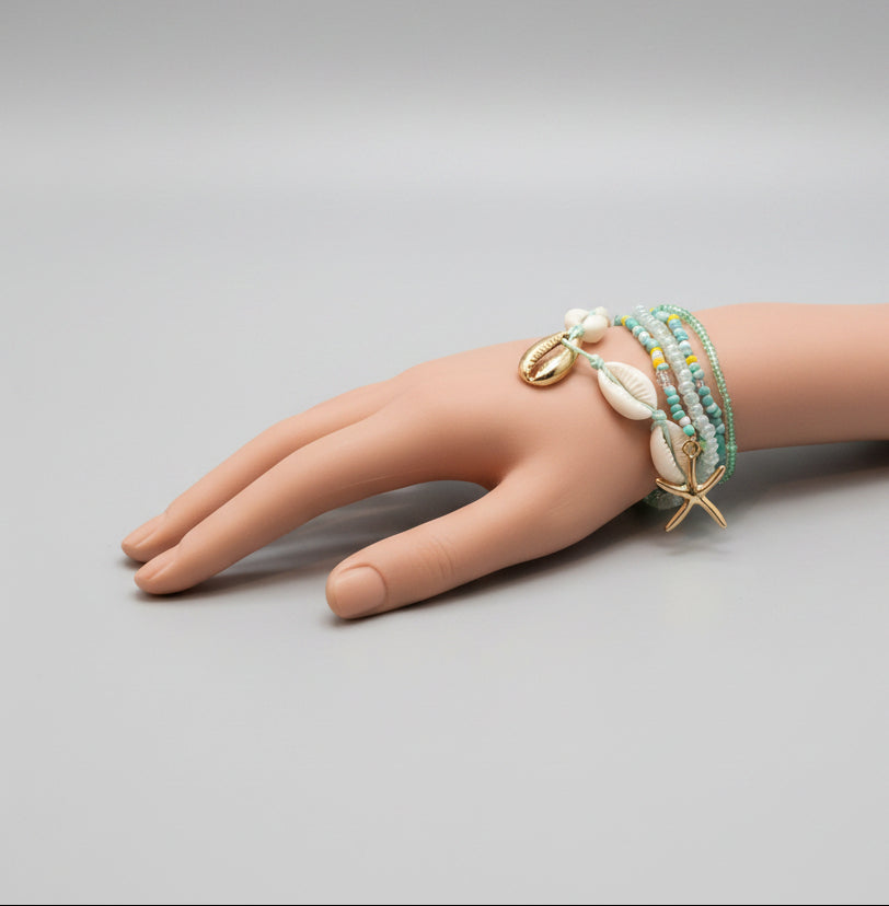 Bracelet - Light Green, Vibrant Blue, Yellow Seeded Beads - with Cowrie & Starfish Charms