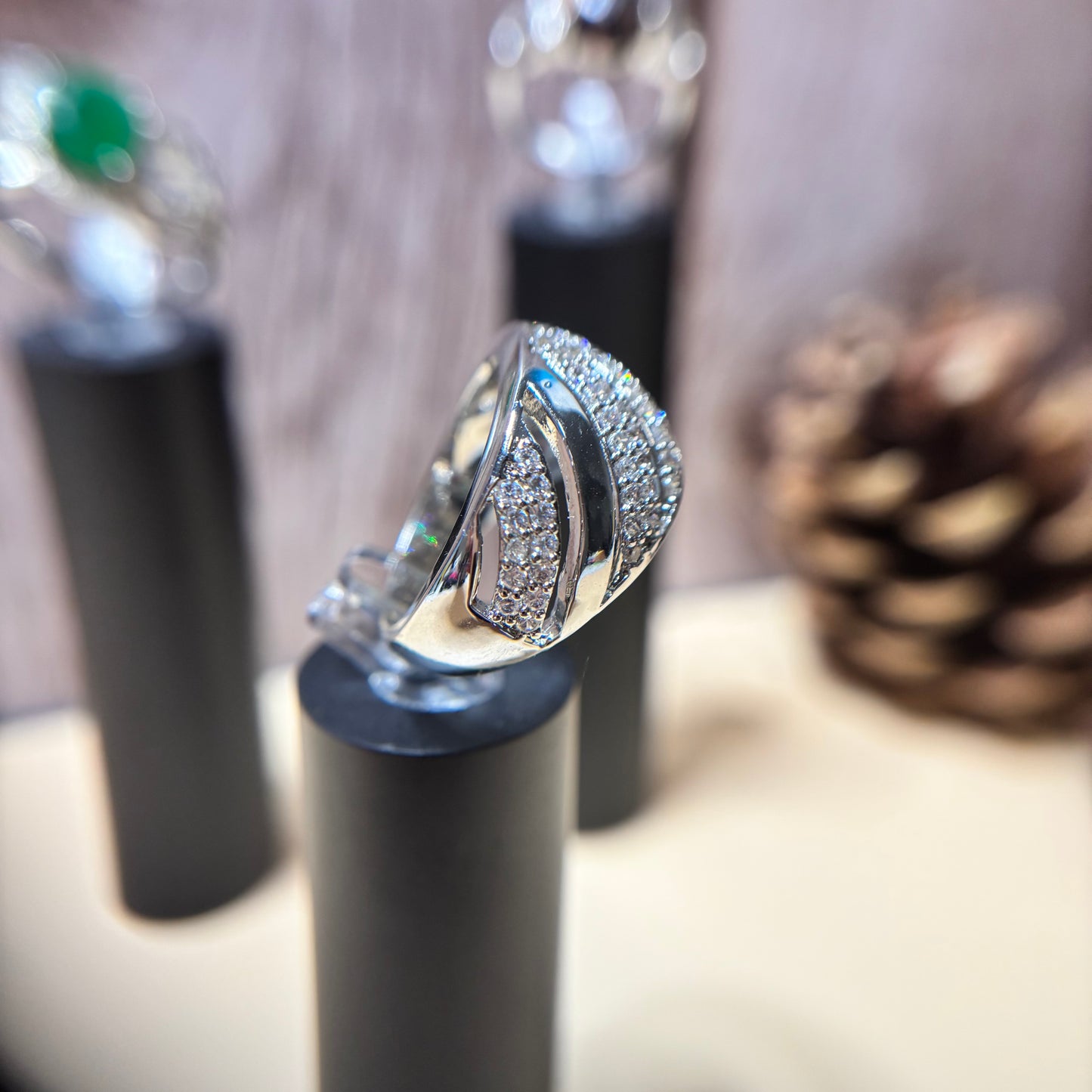 Ring Size 8 - Vintage Band Cocktail Ring with Cubic Zirconia Accents