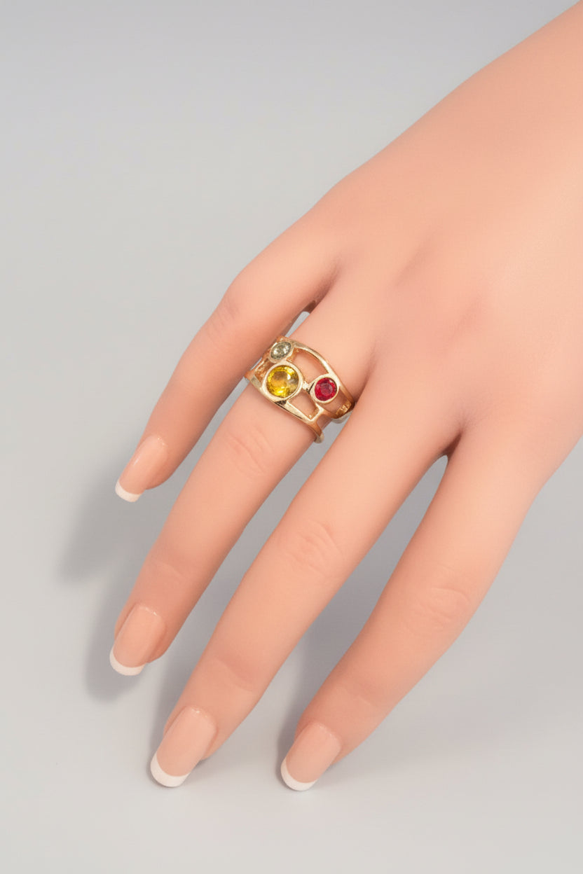 Ring - Adjustable - Open Ended Mesh Inlaid with Three Colorful Stones