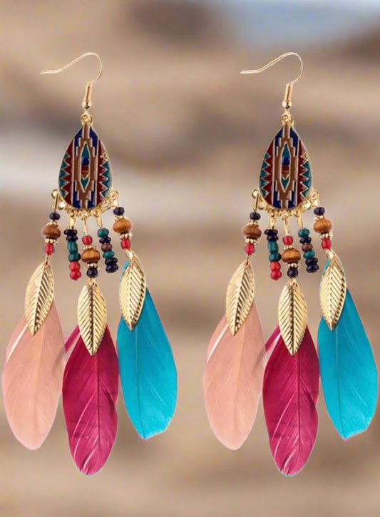 Earrings - BOHO Feather Dangle in Turquoise, Pink and Red