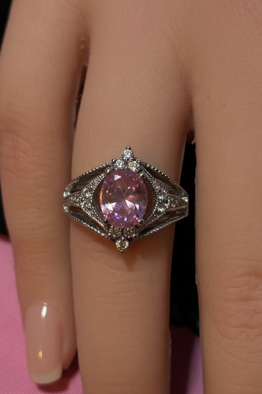 Ring - Vintage - Silver Tone - Rhinestones and a Pink Marquise Crystal