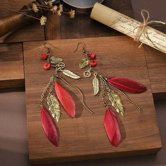Earrings BOHO Red Feather Fashion