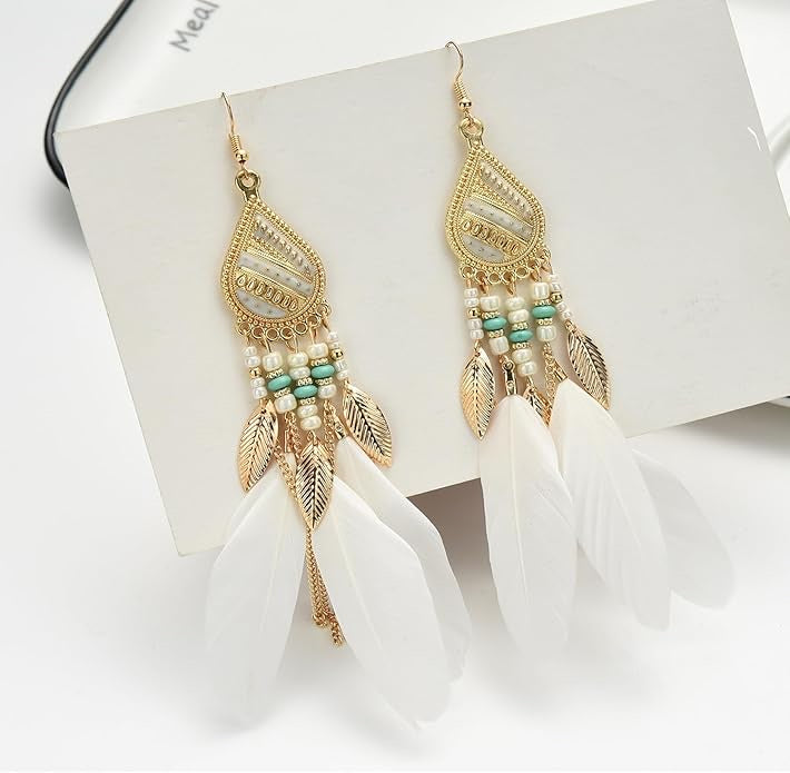 Earrings - White Feathers with Golden and White Beads