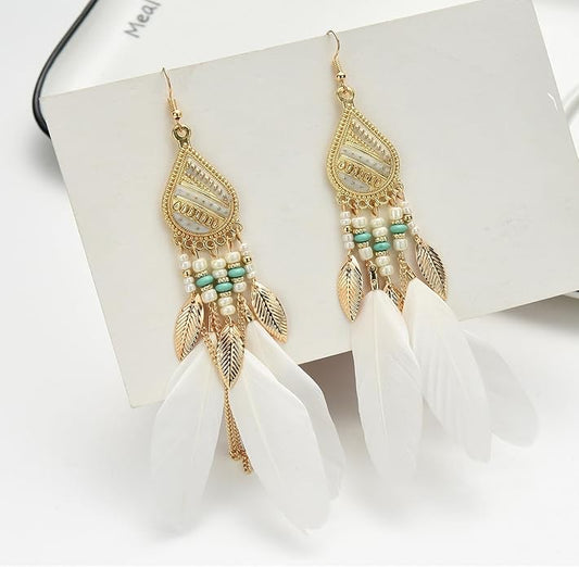 Earrings - White Feathers with Golden and White Beads