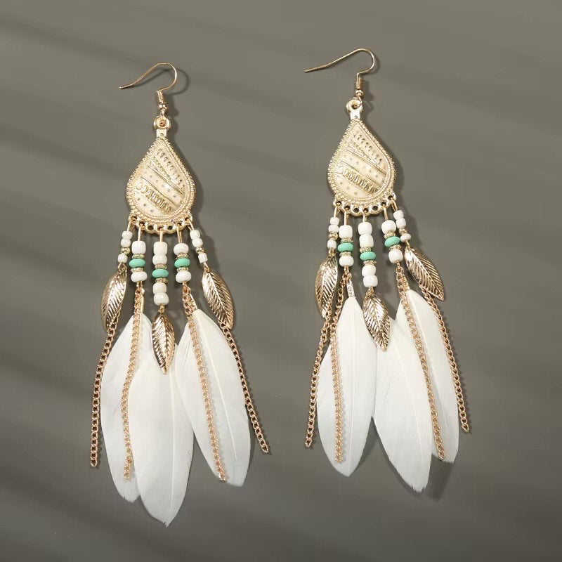 Earrings - White Feathers with Golden and White Beads