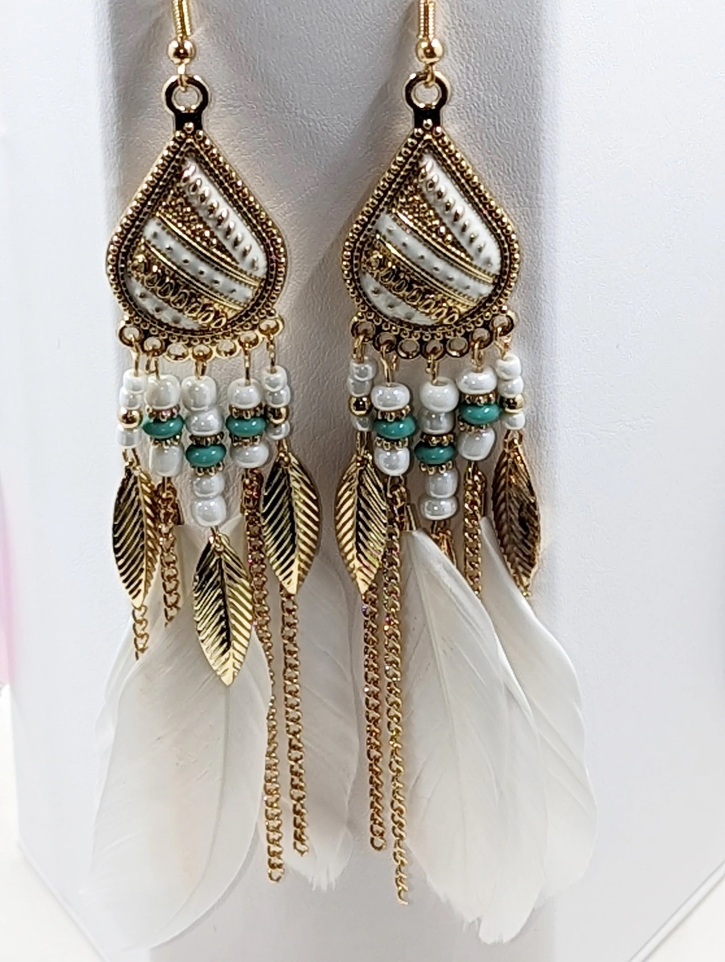 Earrings - White Feathers with Golden and White Beads