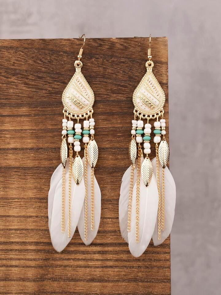 Earrings - White Feathers with Golden and White Beads