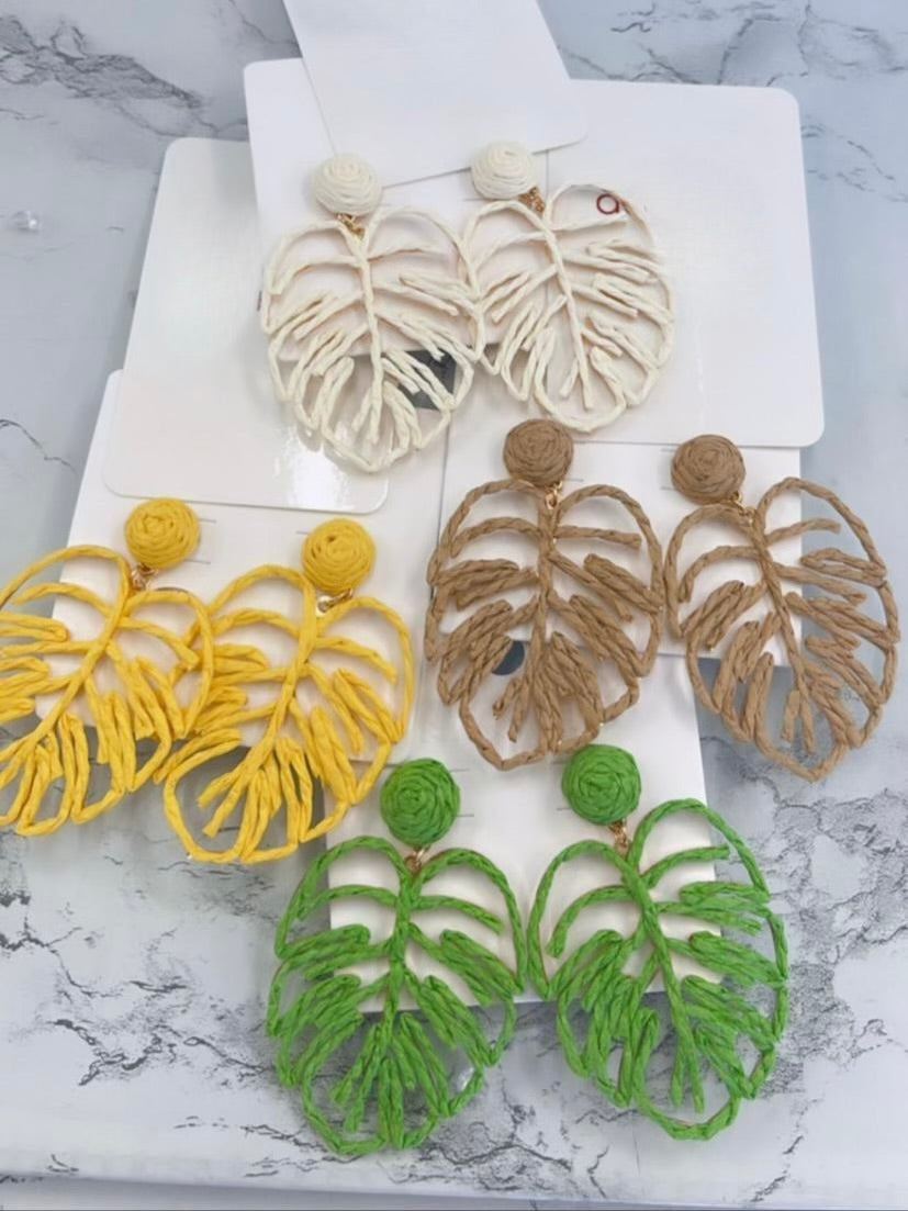 Earrings - Raffia Straw Leaf in White