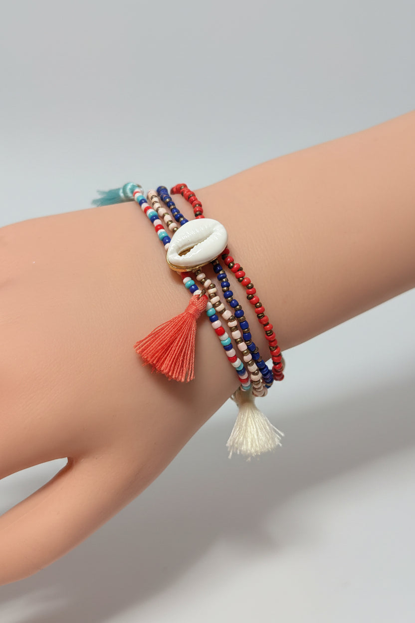 Bracelet - Stretch - Seed Beads - Cowie Shells - Accent Tassels