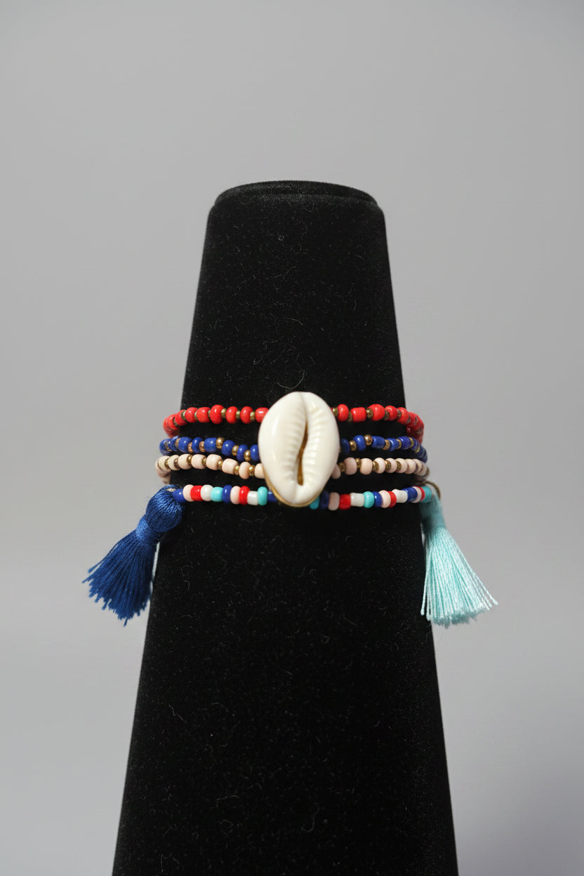 Bracelet - Stretch - Seed Beads - Cowie Shells - Accent Tassels