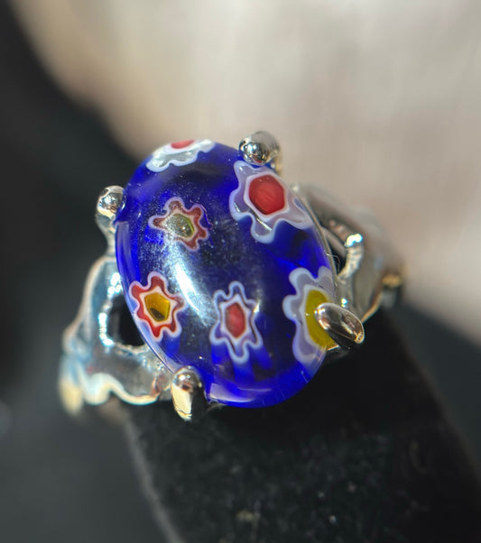 Ring - Size 7 Blue Floral Murano
