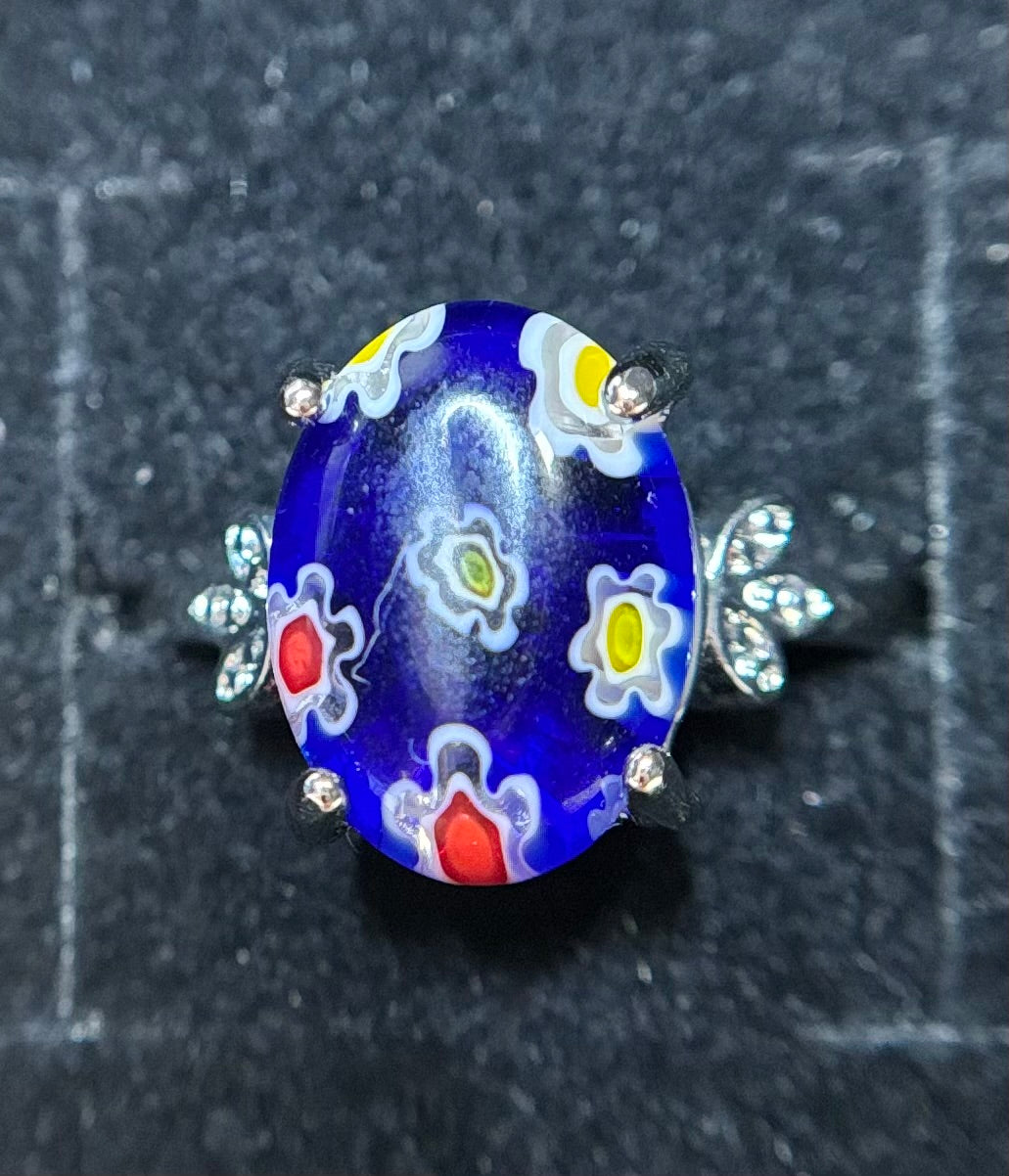 Ring Size 8.5 - Blue Murano Glass with Crystal Side Accents