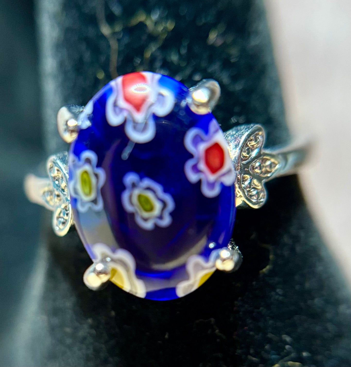 Ring Size 8.5 - Blue Murano Glass with Crystal Side Accents