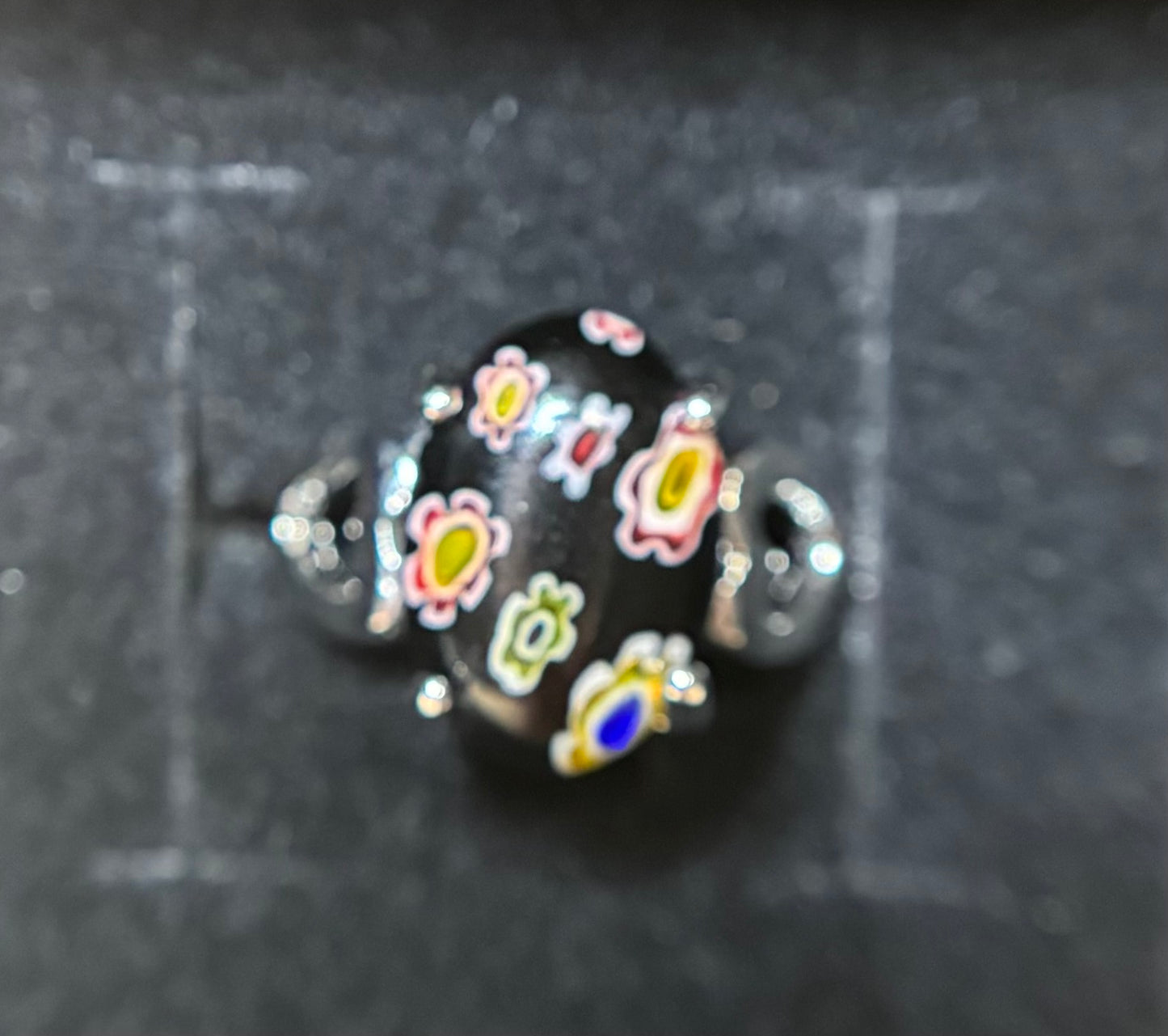 Ring Size 5 - Black Millefiori Cocktail Ring with Heartside accents