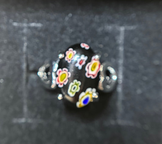 Ring Size 5 - Black Millefiori Cocktail Ring with Heartside accents
