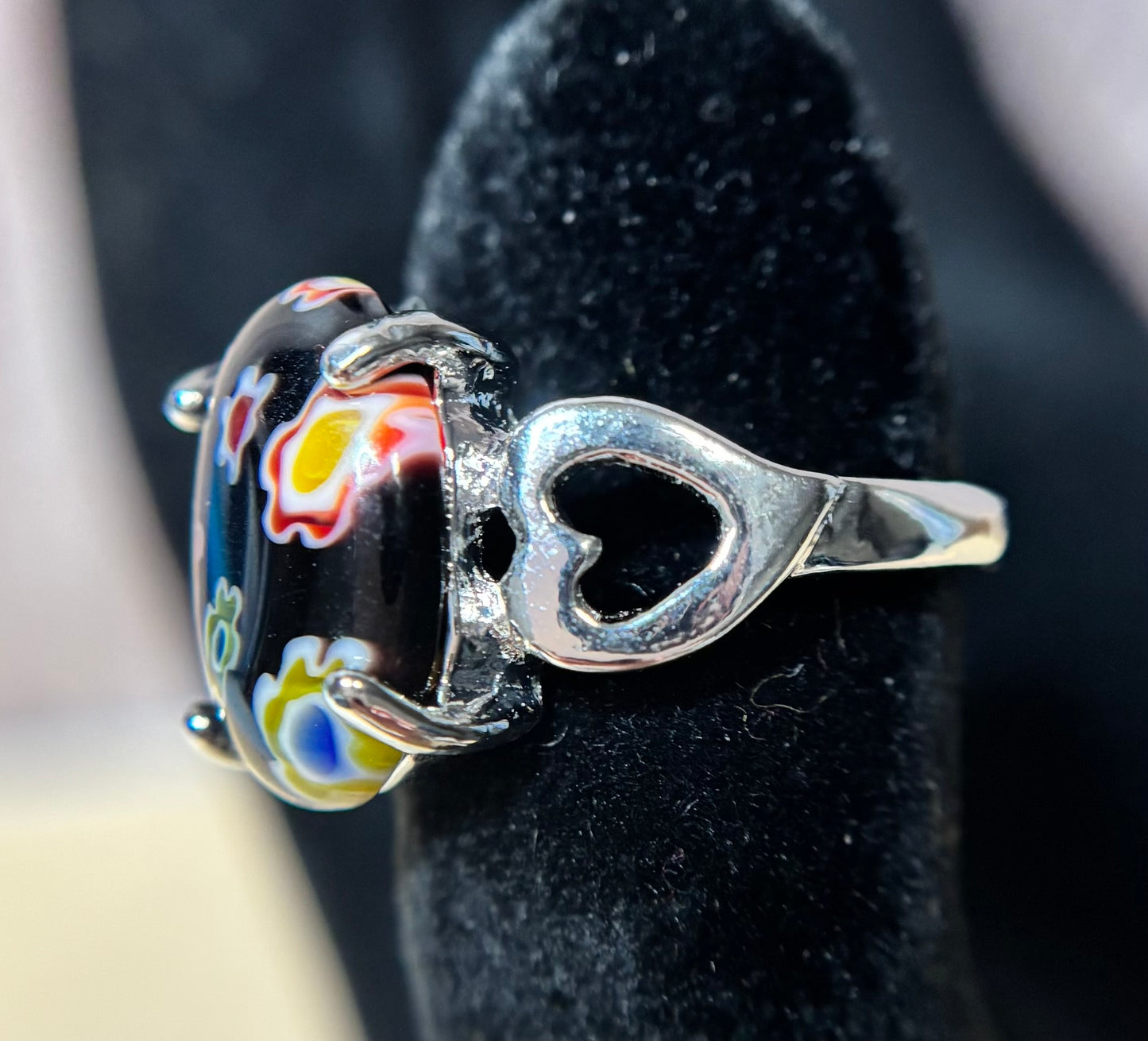 Ring Size 5 - Black Millefiori Cocktail Ring with Heartside accents