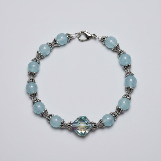 Bracelet - Powder Blue Beaded with a Center Faceted Blue Crystal - #BC09