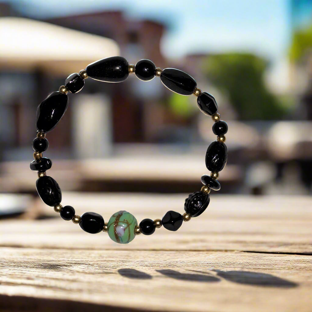 Handmade - Black Beaded Bracelet - 8"