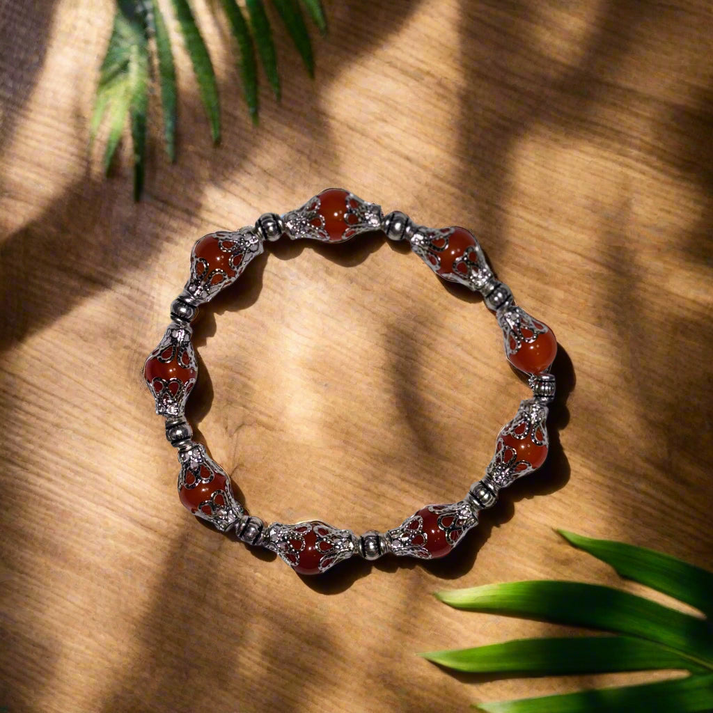 Handmade - Glass Amber Beaded Bracelet with Silver Filigree Spacers
