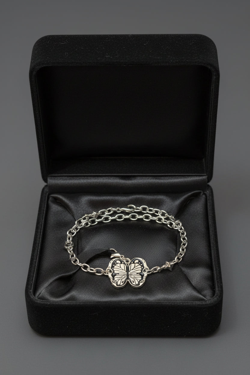 Bracelet - Silver Tone - Gothic Style - Black Enamel Butterfly - Adjustable