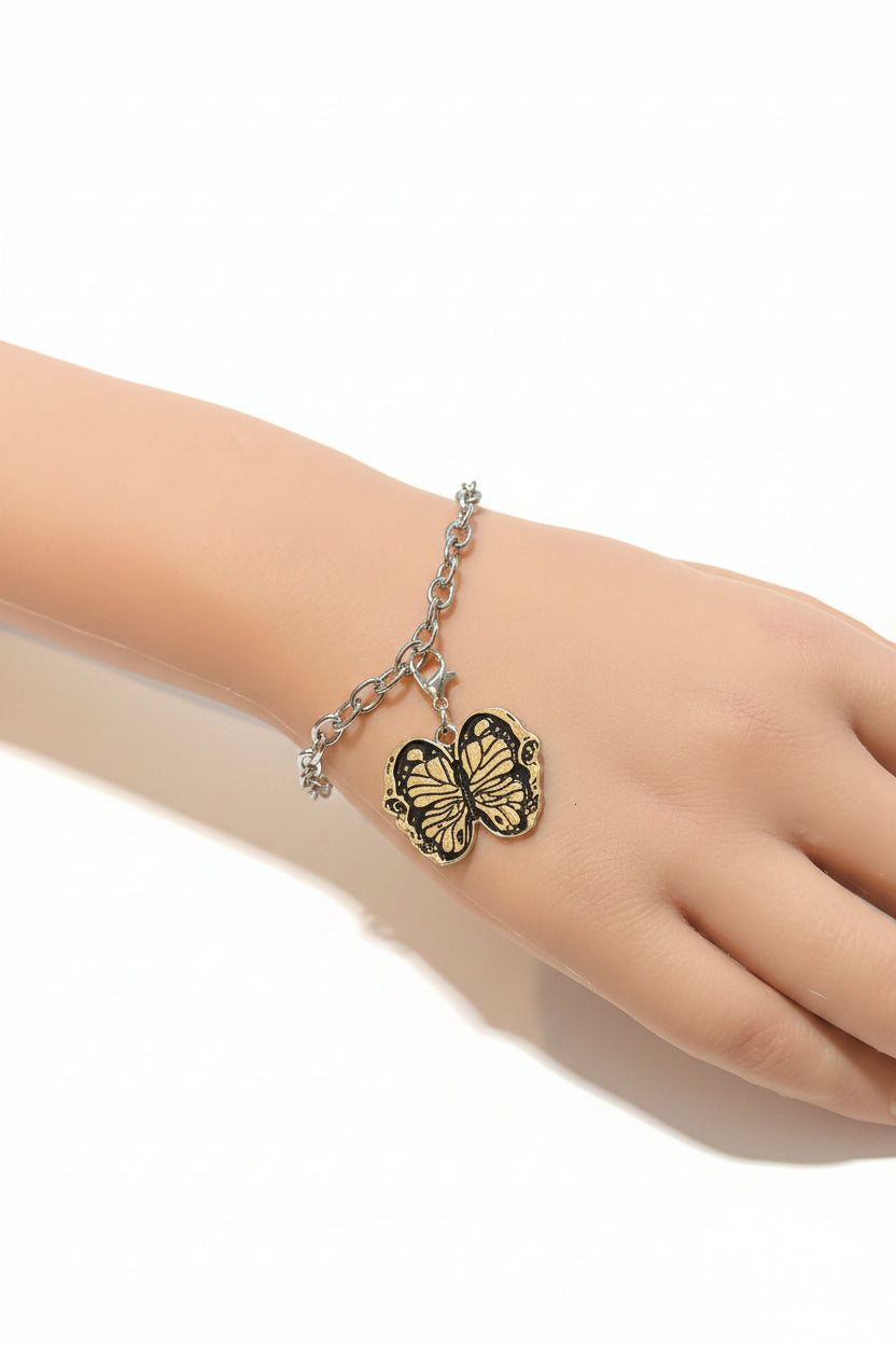 Bracelet - Silver Tone - Gothic Style - Black Enamel Butterfly - Adjustable