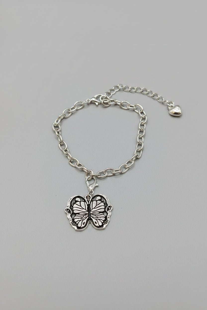 Bracelet - Silver Tone - Gothic Style - Black Enamel Butterfly - Adjustable
