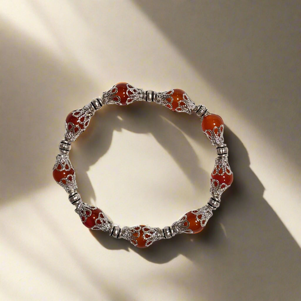 Handmade - Glass Amber Beaded Bracelet with Silver Filigree Spacers