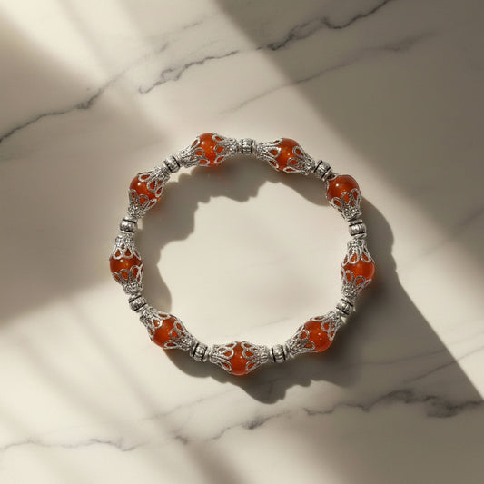 Bracelet - Stretch - Amber Beads with Silver Filigree Spacers - (1288)