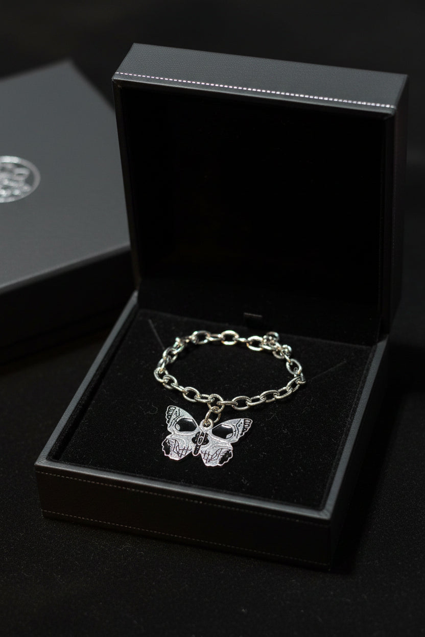 Bracelet - Silver Tone - Gothic Style - Black Enamel Skull & Butterfly - Adjustable