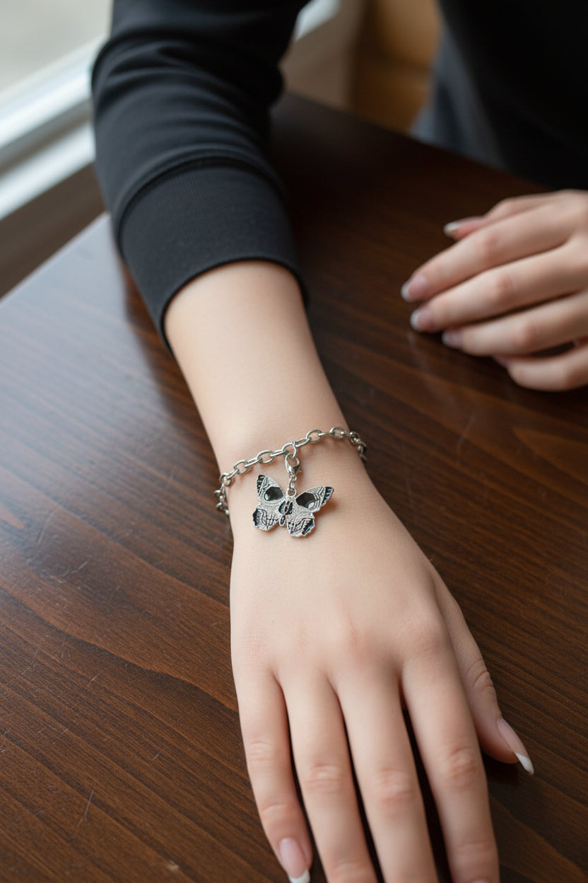 Bracelet - Silver Tone - Gothic Style - Black Enamel Skull & Butterfly - Adjustable