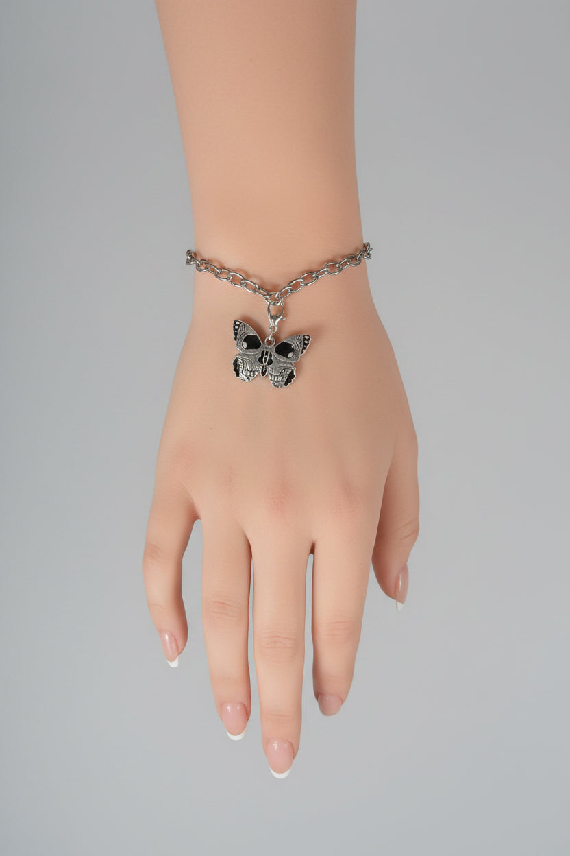 Bracelet - Silver Tone - Gothic Style - Black Enamel Skull & Butterfly - Adjustable