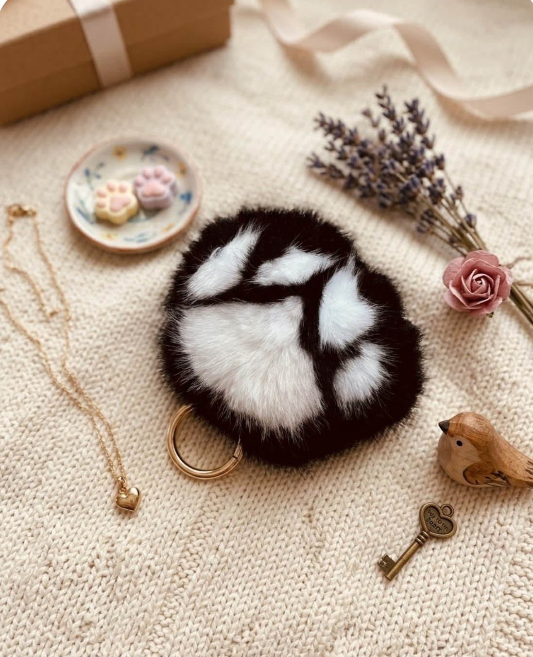 Keychain - Furry Paw Bag Charm in Black & White