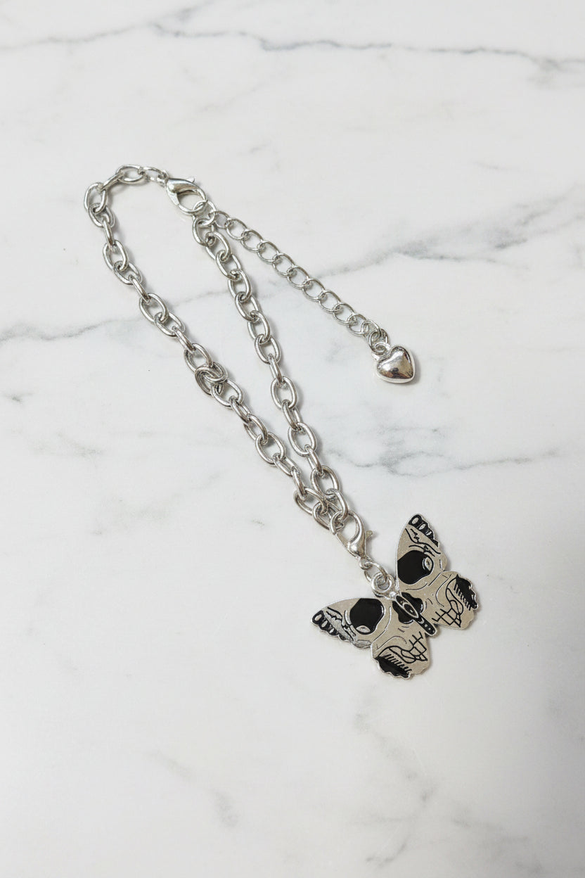 Bracelet - Silver Tone - Gothic Style - Black Enamel Skull & Butterfly - Adjustable