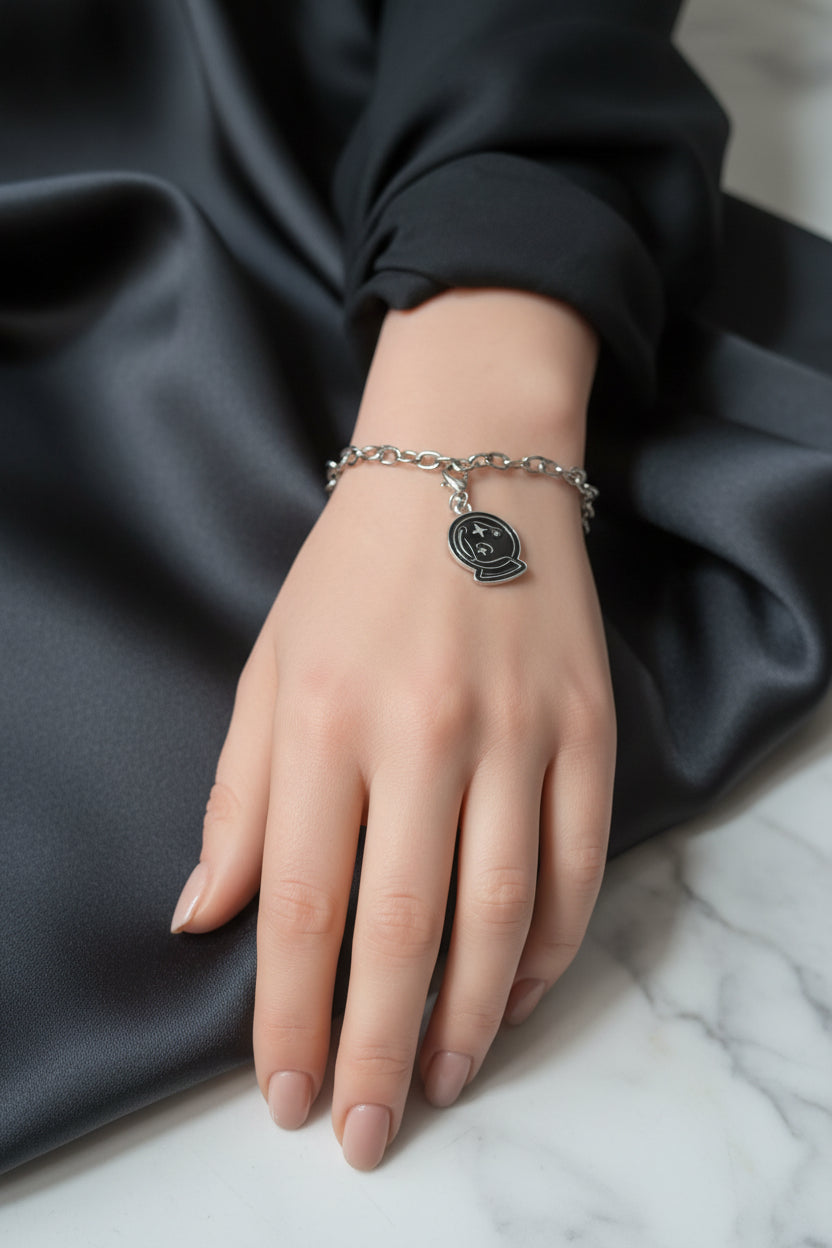 Bracelet - Silver Tone - Gothic Style - Crystal Ball Charm - Adjustable