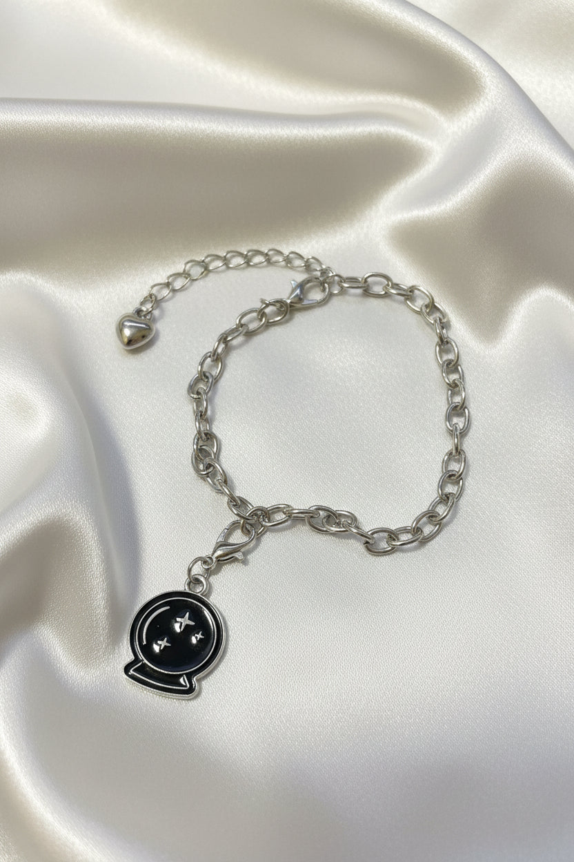 Bracelet - Silver Tone - Gothic Style - Crystal Ball Charm - Adjustable