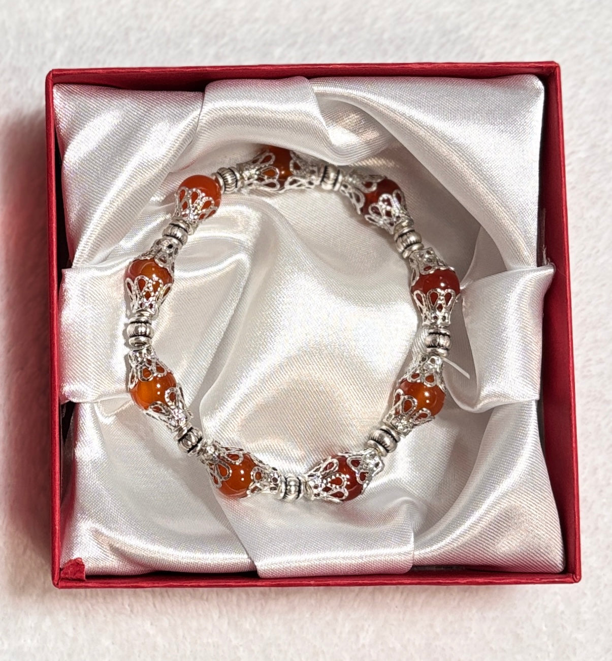 Handmade - Glass Amber Beaded Bracelet with Silver Filigree Spacers