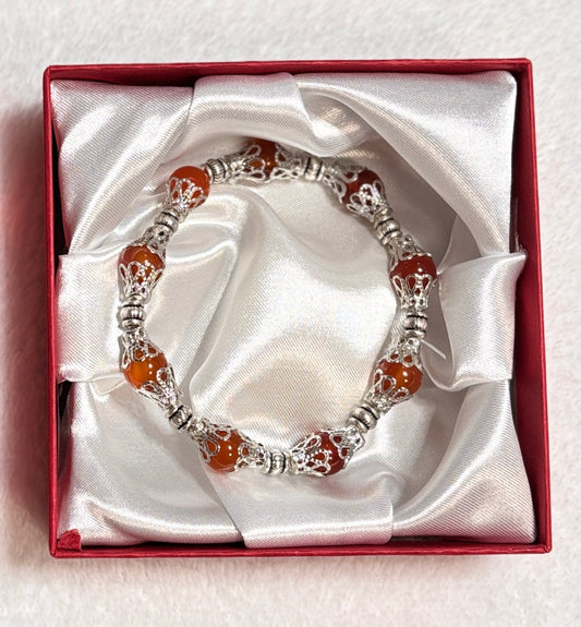 Handmade - Glass Amber Beaded Bracelet with Silver Filigree Spacers